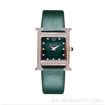 8214 GUOU Temperament Wild Rhinestone Relojes Impermeable Cuarzo Cuadrado Shell Patrón Reloj para mujer